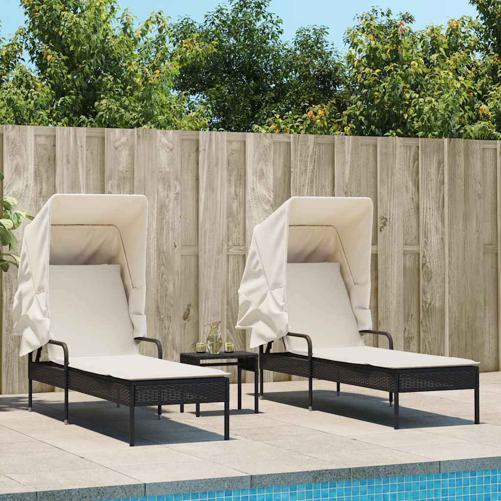 Ligbedden 2 st met luifels en tafel poly rattan zwart is nu te koop bij PeponiXL, paradijselijk wonen!