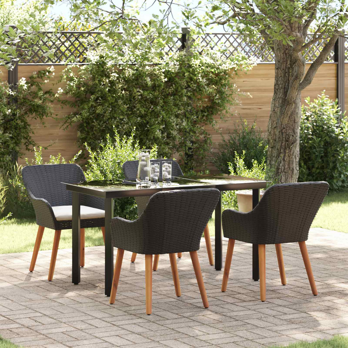 Tuin eettafelset met kussen 5 pcs Zwart poly rattan is nu te koop bij PeponiXL, paradijselijk wonen!