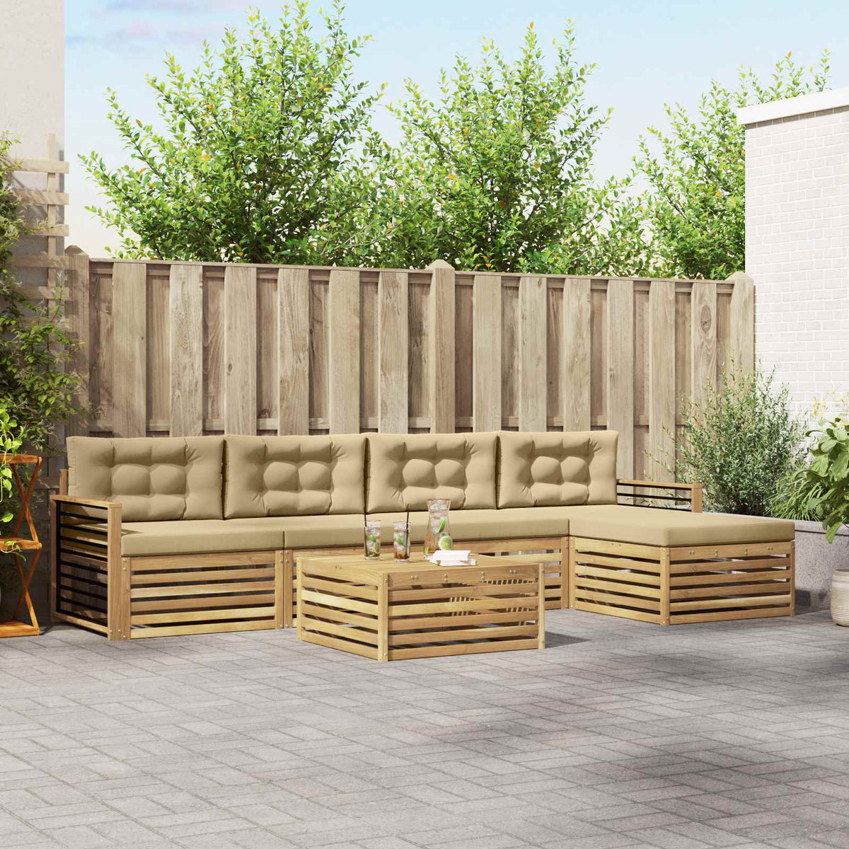 Buiten bankenset met kussen 7 pcs Wit en Beige Polyester is nu te koop bij PeponiXL, paradijselijk wonen!