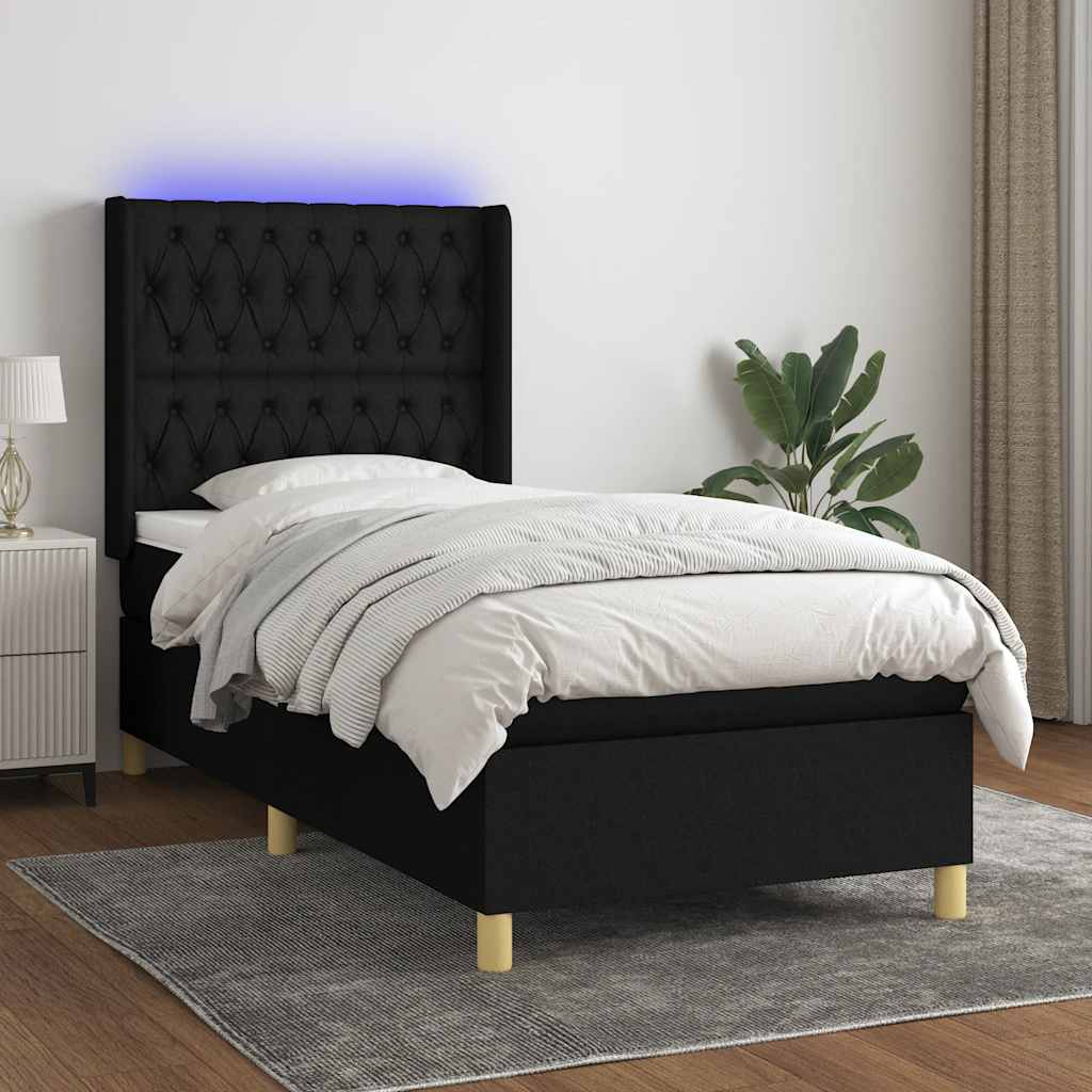 Boxspring met matras en LED stof zwart 100x200 cm is nu te koop bij PeponiXL, paradijselijk wonen!
