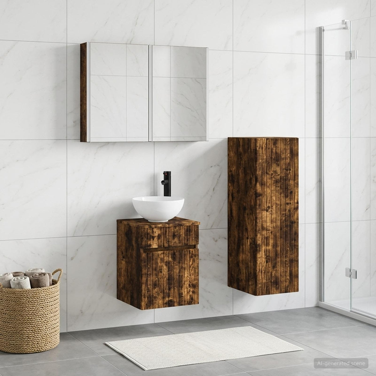 vidaXL Badkamermeubelset 4 st Gerookt eiken Bewerkt hout en glas