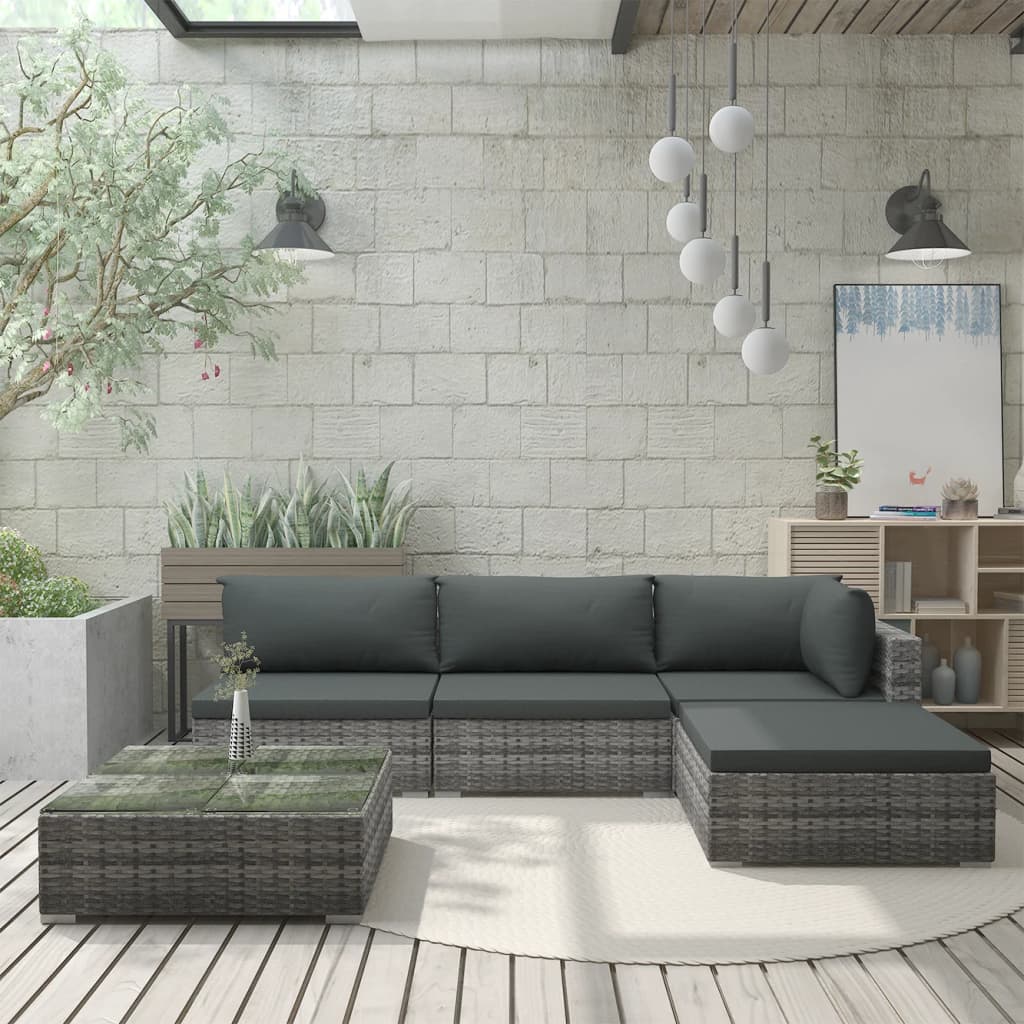 5-delige Loungeset met kussens poly rattan grijs is nu te koop bij PeponiXL, paradijselijk wonen!