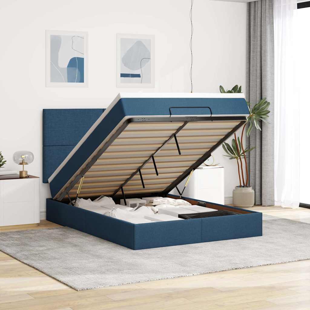 Ottoman bed met matras en LED's 140x200cm stof blauw is nu te koop bij PeponiXL, paradijselijk wonen!