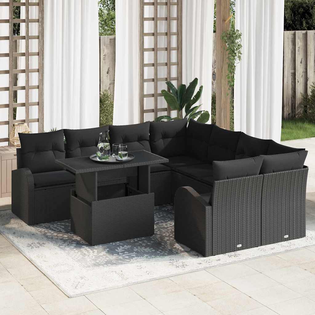 Tuin Sofa Set met opslag 9 pcs Zwart poly rattan is nu te koop bij PeponiXL, paradijselijk wonen!