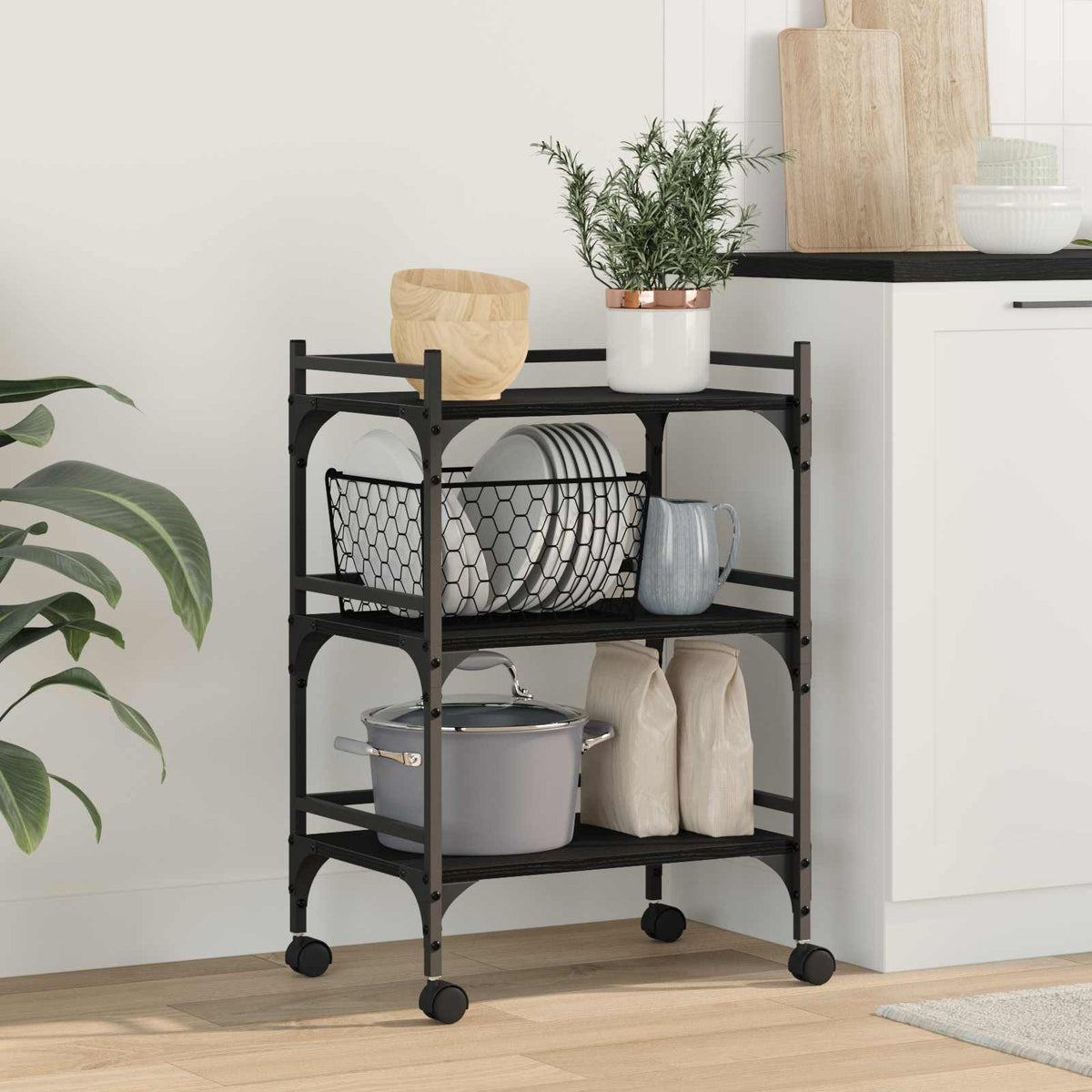 Keuken Trolley Zwart Eiken 50 x 35 x 75.5 cm Bewerkt hout is nu te koop bij PeponiXL, paradijselijk wonen!