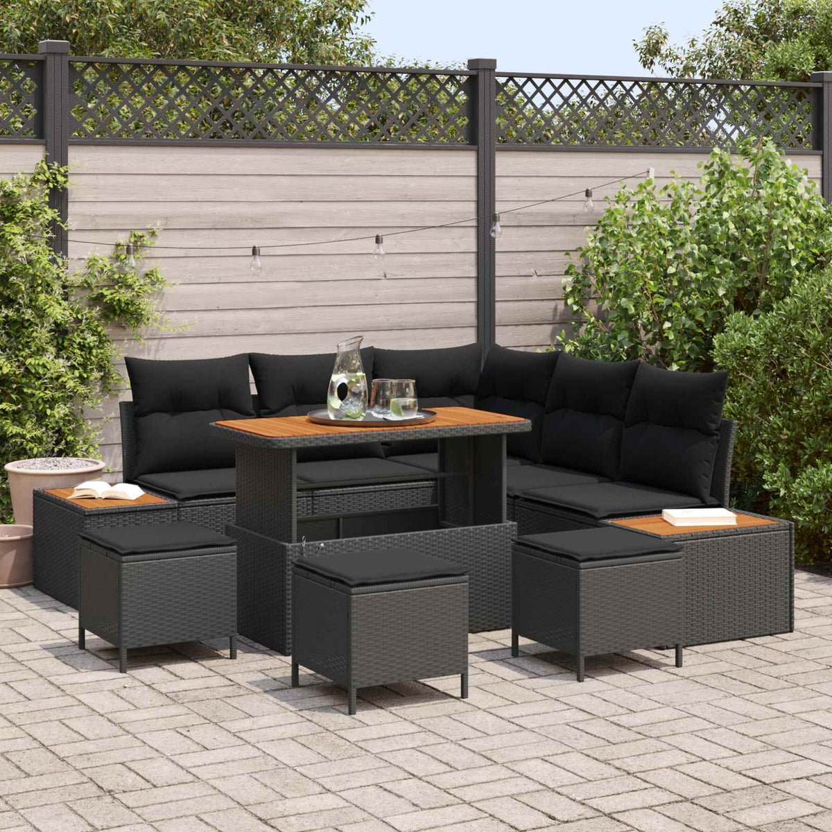 Tuinbankenset met kussen met opslag 9 pcs Zwart Poly riet is nu te koop bij PeponiXL, paradijselijk wonen!