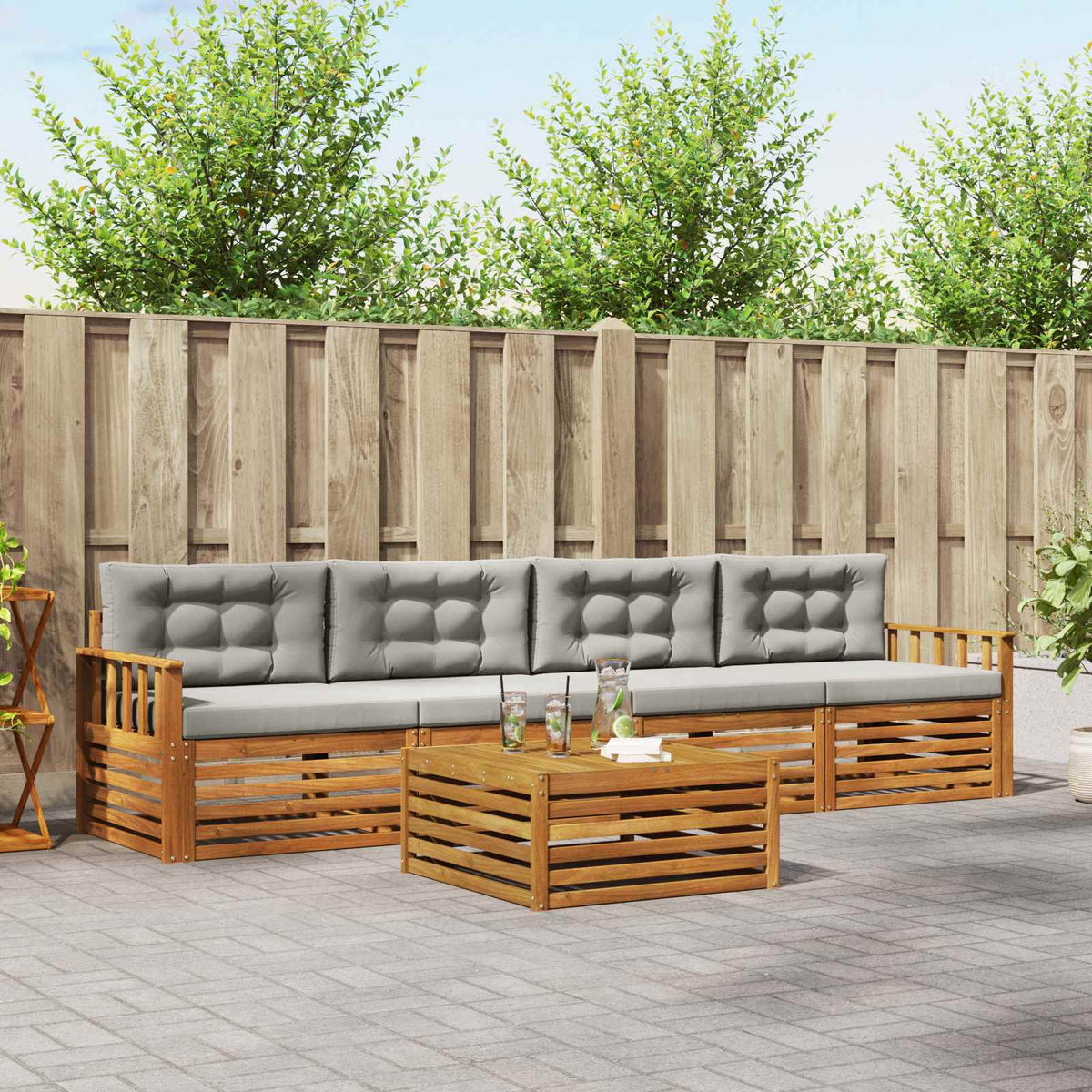 Buiten bankenset met kussen 5 pcs Natuurlijk en Lichtgrijs is nu te koop bij PeponiXL, paradijselijk wonen!