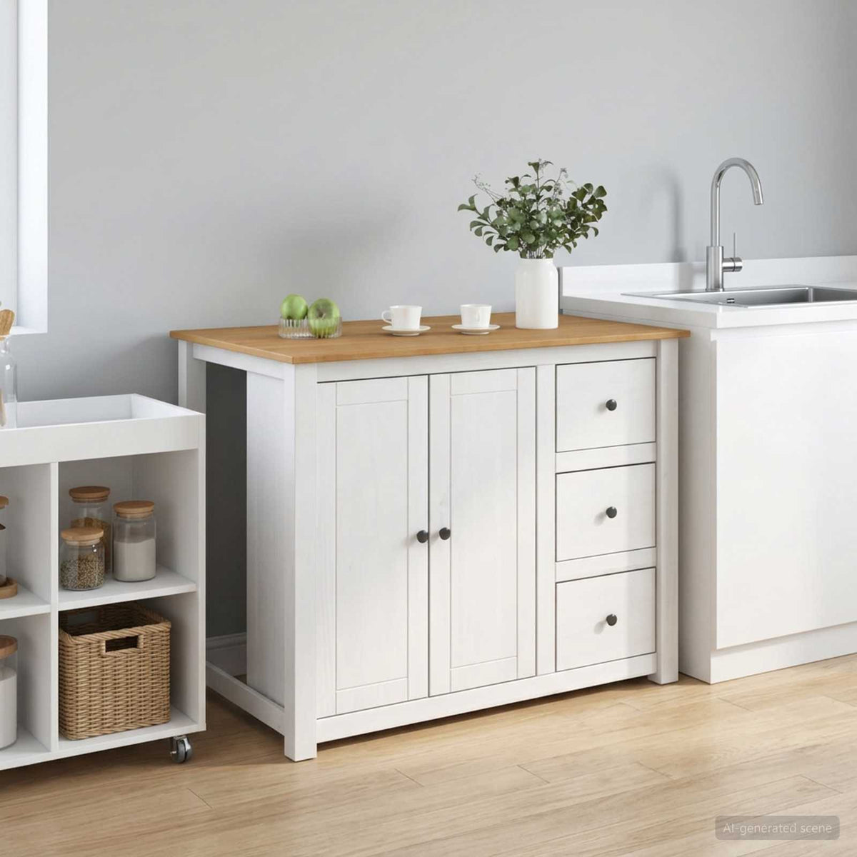 Keuken Trolley PANAMA 2 pcs Wit en Honing Was 112 x 77 x 90 cm is nu te koop bij PeponiXL, paradijselijk wonen!