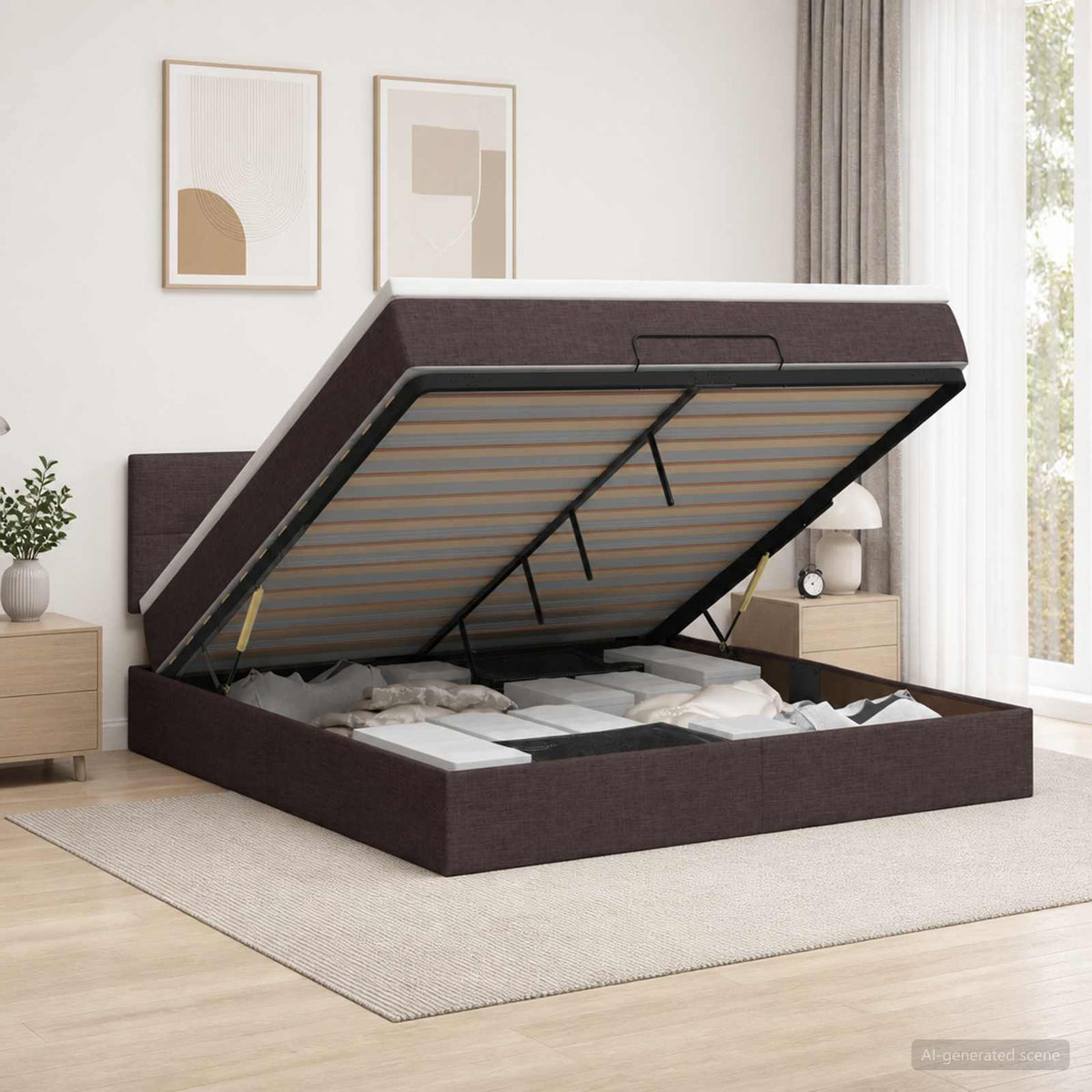 Ottoman Bed met Matrassen en LED Donkerbruin 140 x 200 cm Stof is nu te koop bij PeponiXL, paradijselijk wonen!