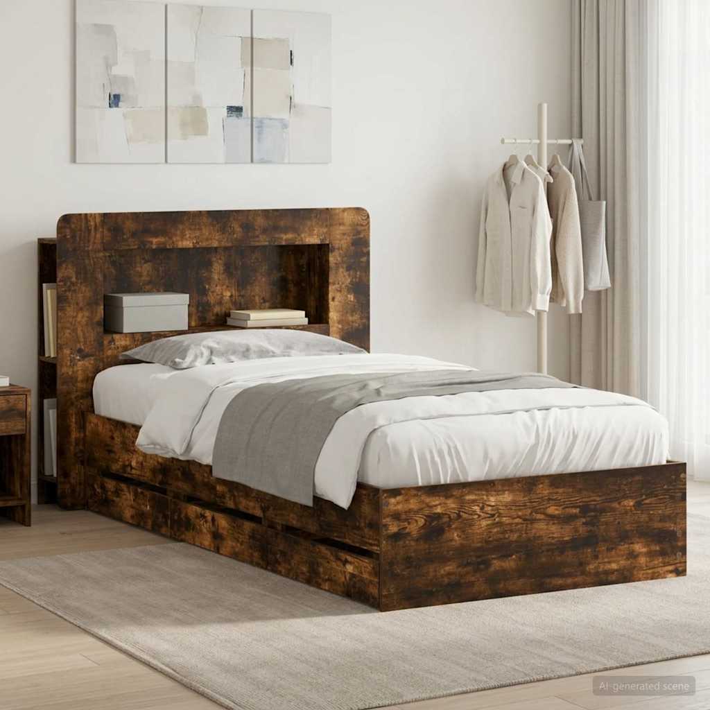 Bedframe met opslag Gerookt eiken 100 x 200 cm Bewerkt hout is nu te koop bij PeponiXL, paradijselijk wonen!