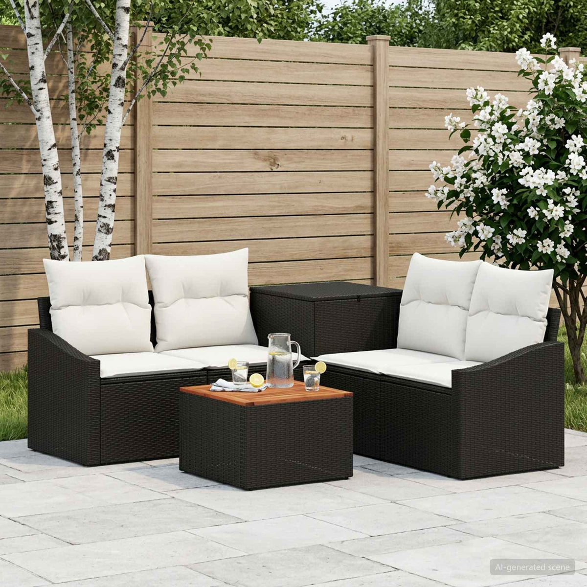 Bankstel 6 st Zwart en Cream Wit Poly Rattan en Staal is nu te koop bij PeponiXL, paradijselijk wonen!