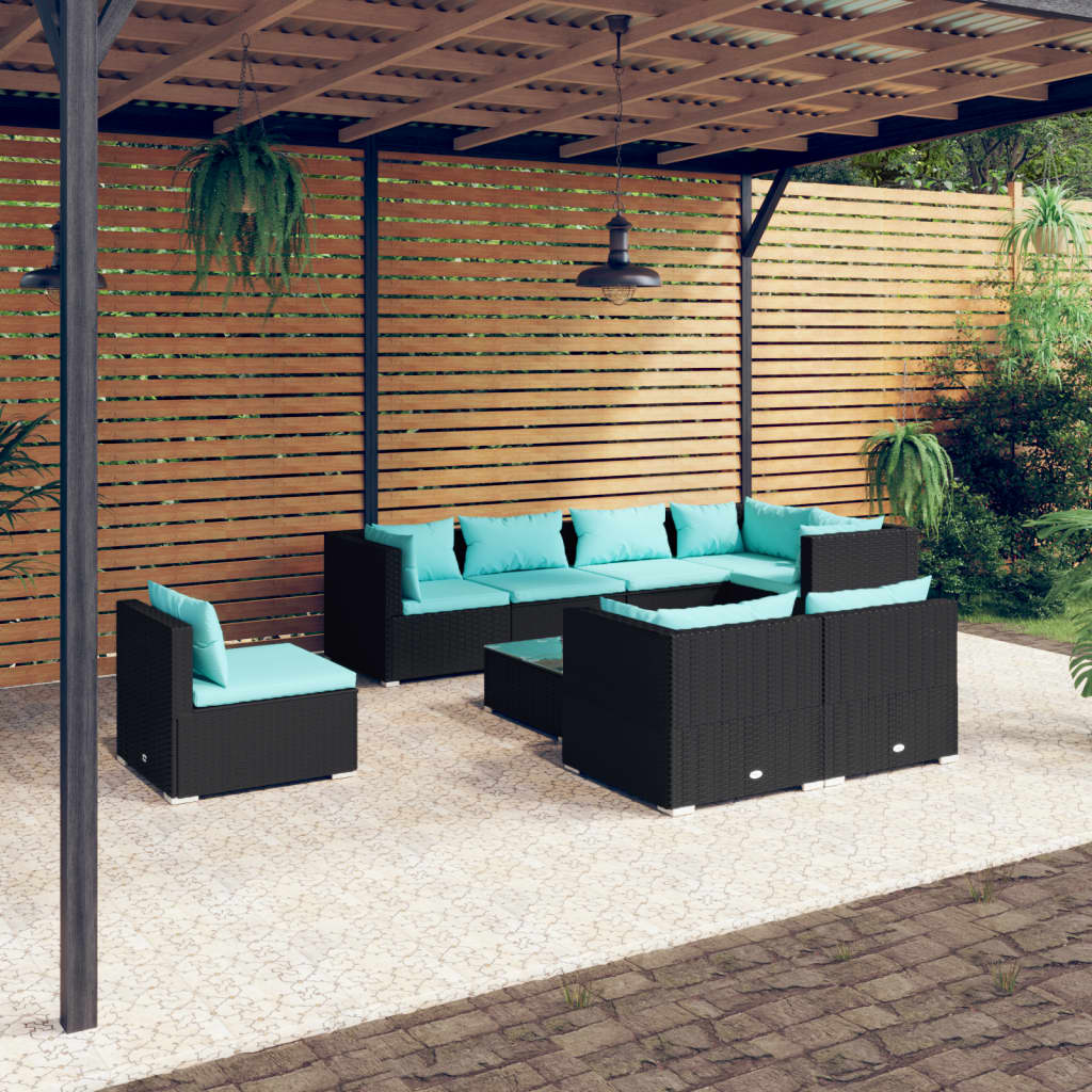 9-delige Loungeset met kussens poly rattan zwart is nu te koop bij PeponiXL, paradijselijk wonen!