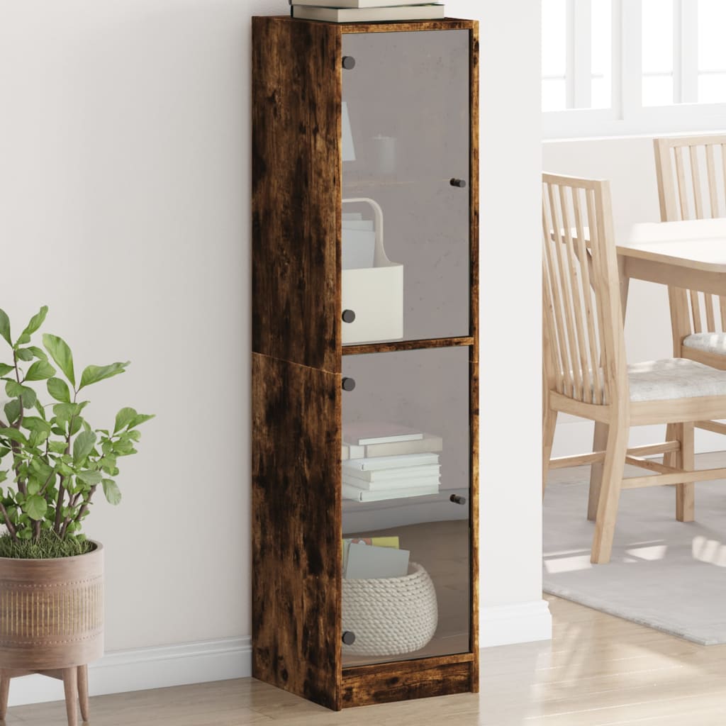 Hoge kast met glazen deuren 35x37x142 cm gerookt eikenkleurig is nu te koop bij PeponiXL, paradijselijk wonen!