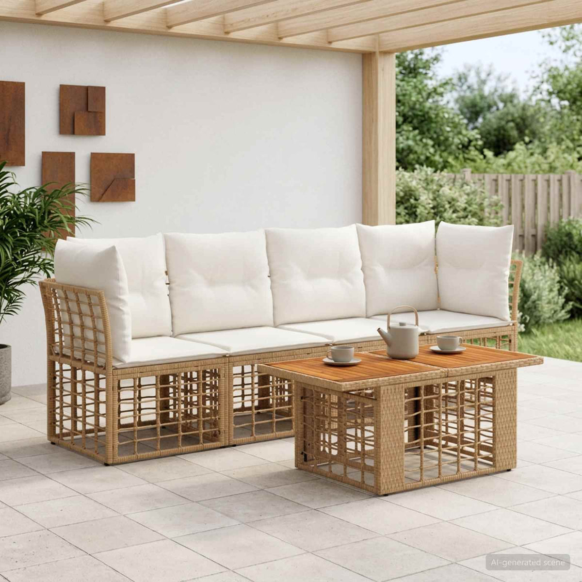 Tuinbankenset 5 st Natuurlijk en Crème Wit poly rattan is nu te koop bij PeponiXL, paradijselijk wonen!