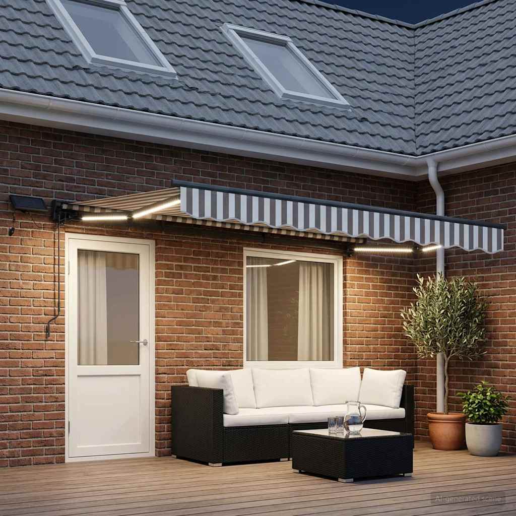 Handmatige Luifelhouder met LED's Lichtgrijs en wit. 5 x 3 m is nu te koop bij PeponiXL, paradijselijk wonen!