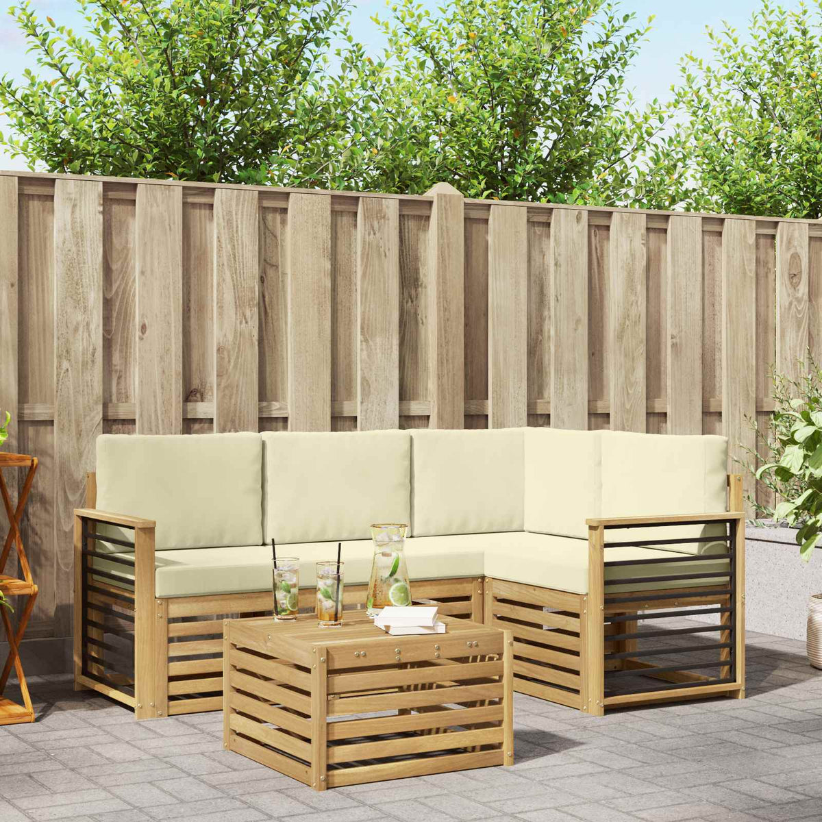 Buiten bankenset met kussen 5 pcs Wit en crèmekleurig Polyester is nu te koop bij PeponiXL, paradijselijk wonen!