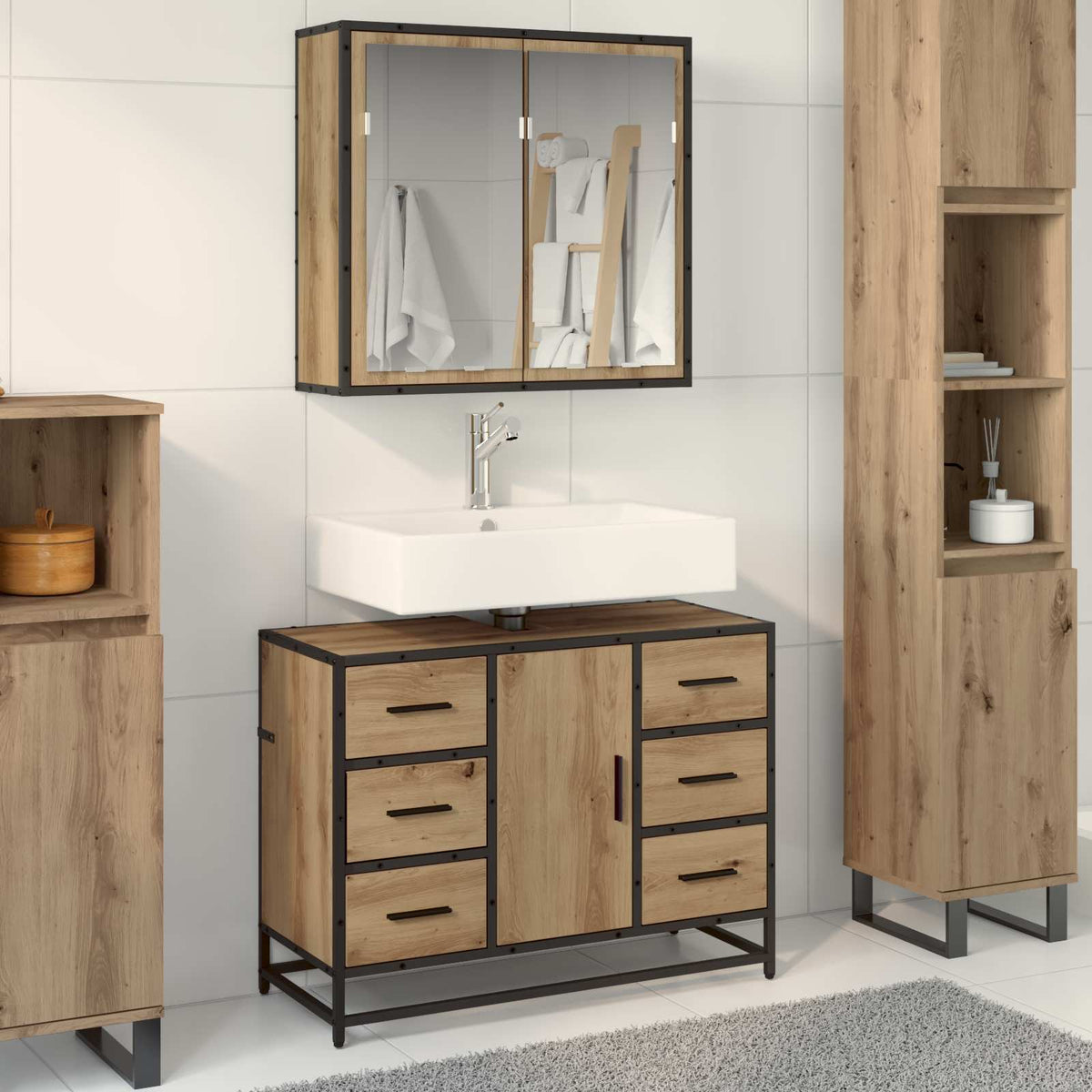 Badkamermeubelset met lade 2 pcs Artisan Eiken Bewerkt hout is nu te koop bij PeponiXL, paradijselijk wonen!