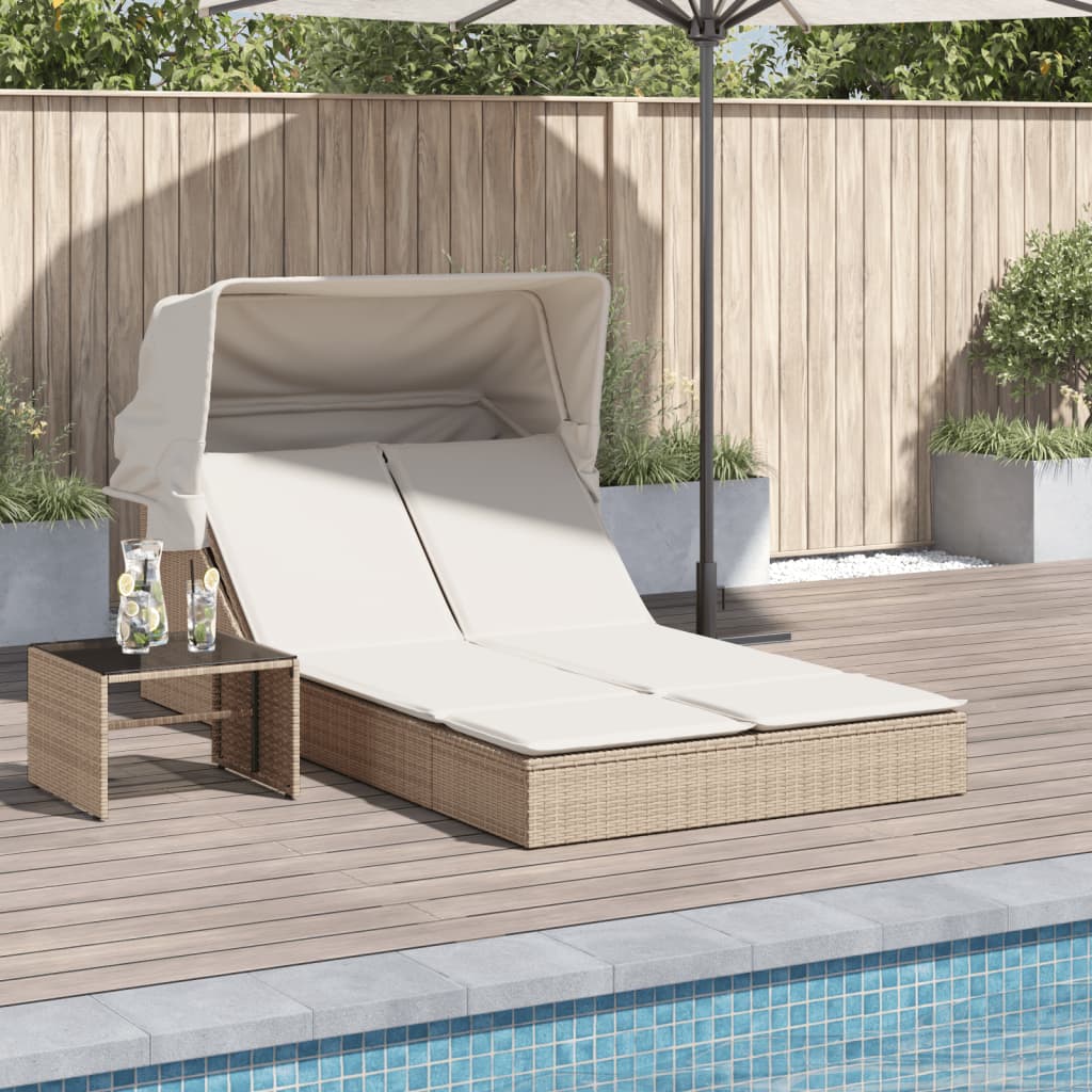 Ligbed 2-persoons met luifel en kussens poly rattan beige is nu te koop bij PeponiXL, paradijselijk wonen!