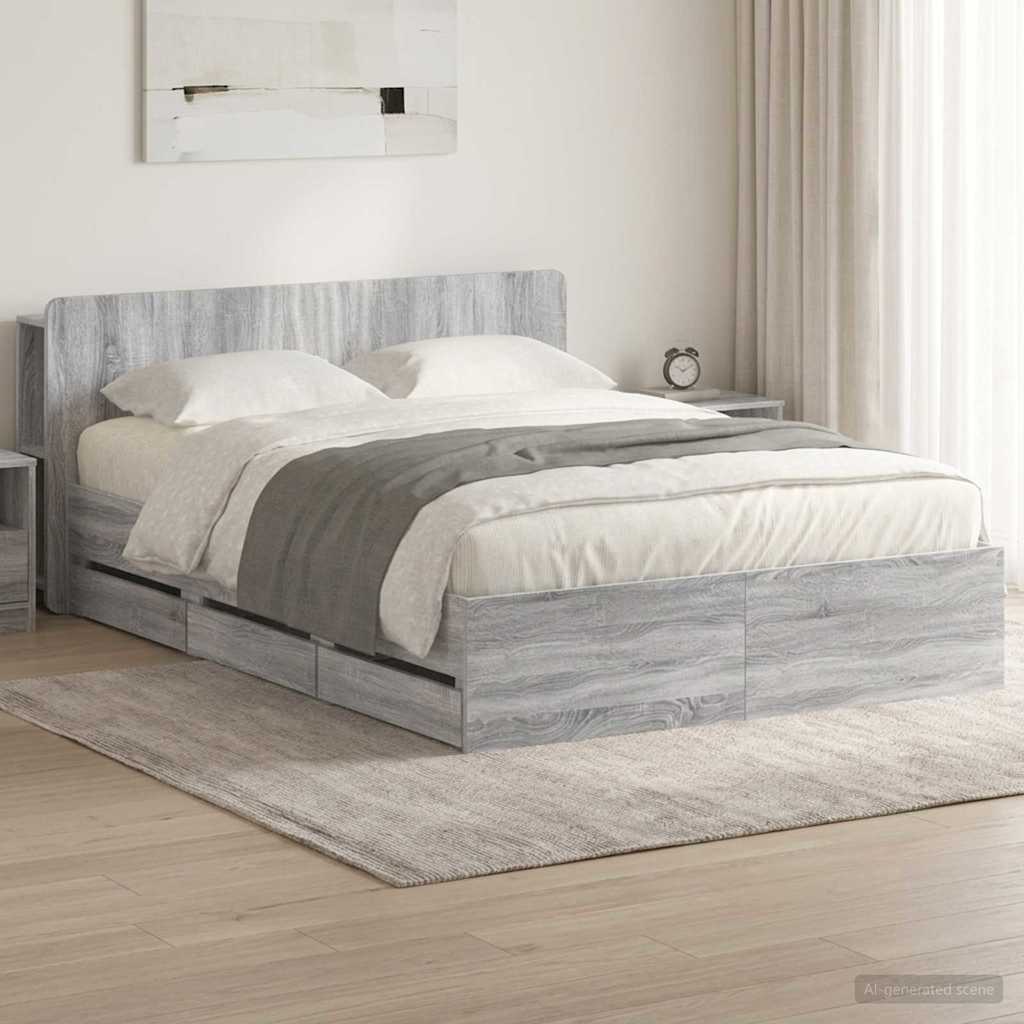 Bedframe met opslag Grijs Sonoma 150 x 200 cm Bewerkt hout is nu te koop bij PeponiXL, paradijselijk wonen!