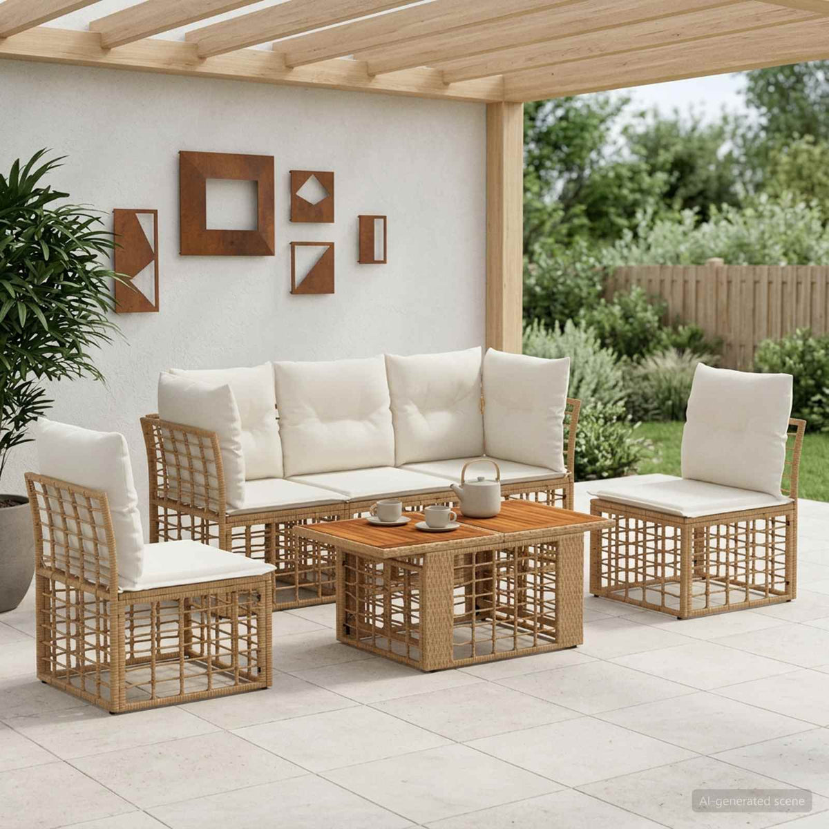 Tuinbankenset 6 st Natuurlijk en Crème Wit poly rattan is nu te koop bij PeponiXL, paradijselijk wonen!