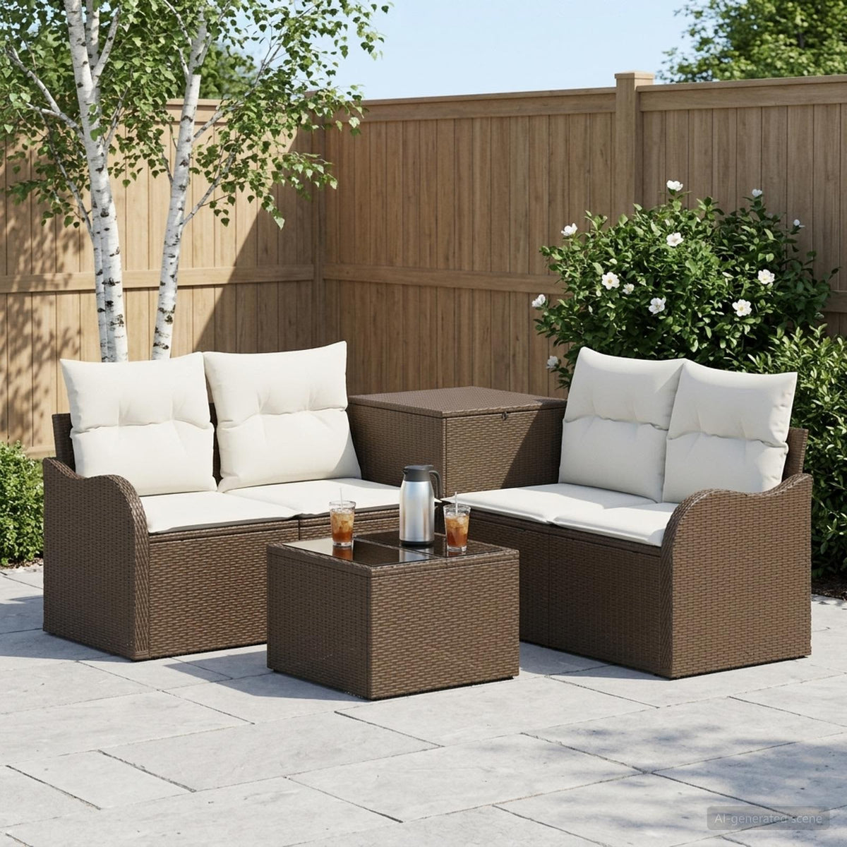Bankstel 6 st Bruin en Crème Wit Poly Rattan en Staal is nu te koop bij PeponiXL, paradijselijk wonen!