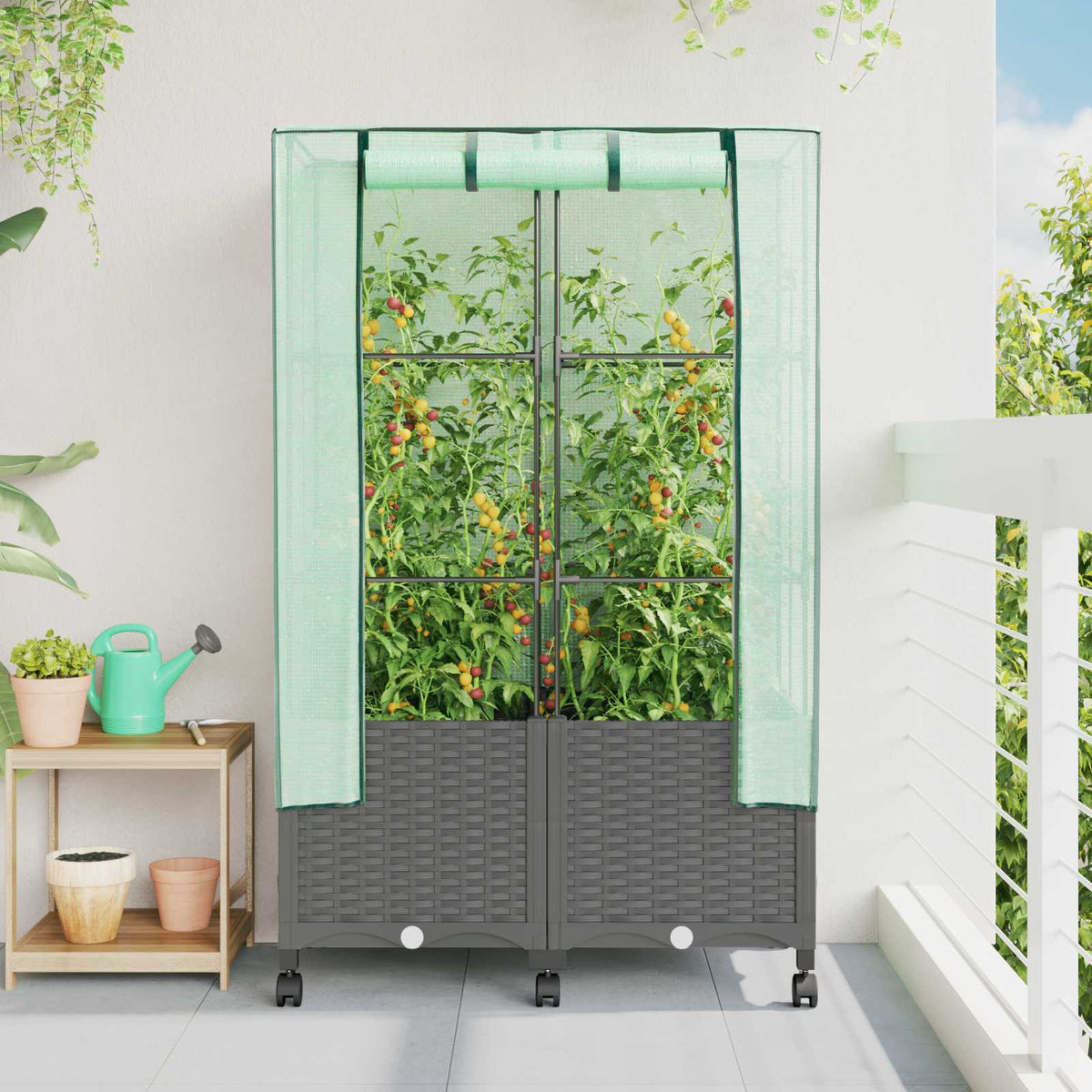 Tuinplantenbak met Kasbedekking en Wielen 2 st Lichtgrijs PP is nu te koop bij PeponiXL, paradijselijk wonen!