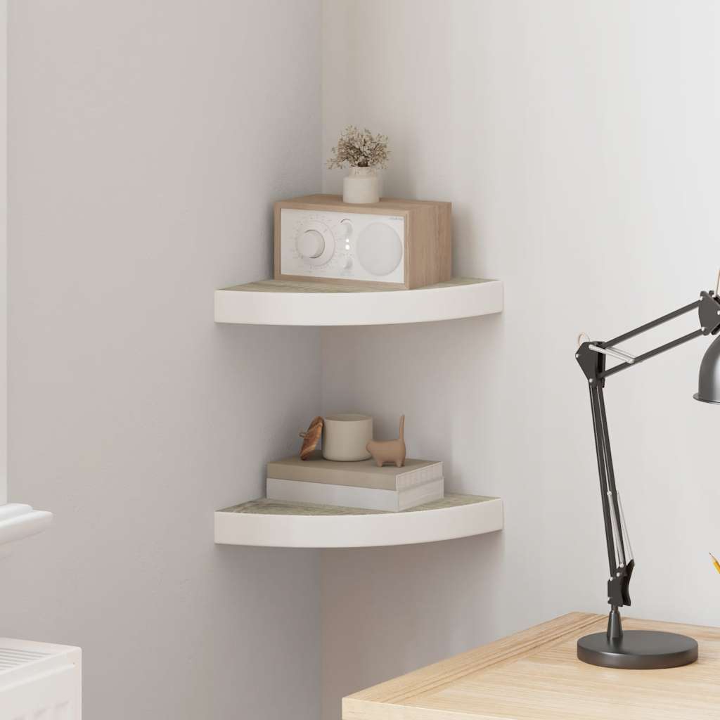 Hoekwandschappen 2 st 25x25x3,8 cm MDF eikenkleurig en wit is nu te koop bij PeponiXL, paradijselijk wonen!