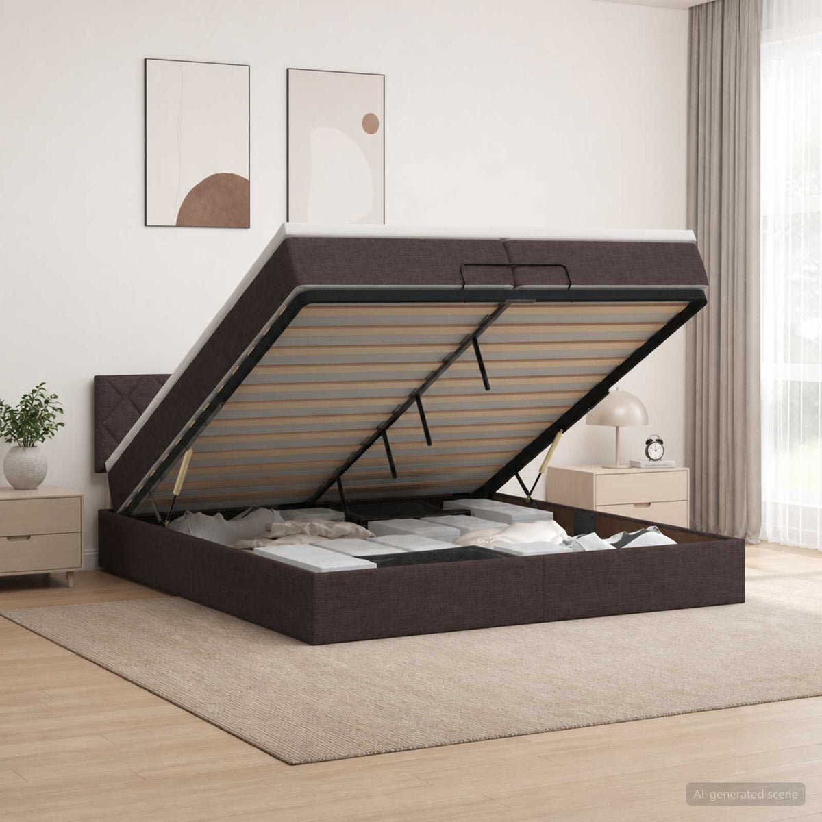 Ottoman bed met matras Donkerbruin 200 x 200 cm Stof is nu te koop bij PeponiXL, paradijselijk wonen!