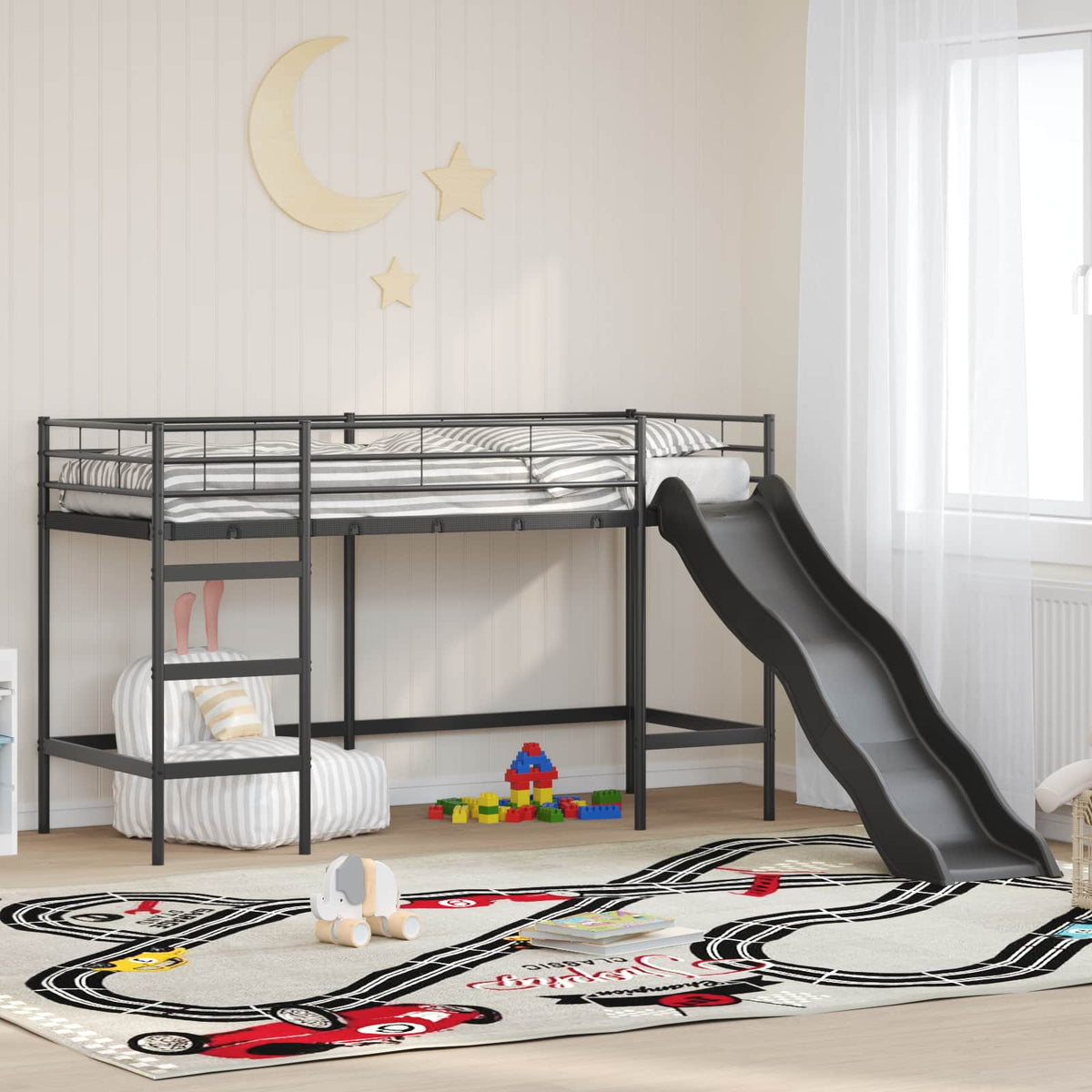 Kinder loft bedframe met glijbaan Zwart en Anthraciet is nu te koop bij PeponiXL, paradijselijk wonen!