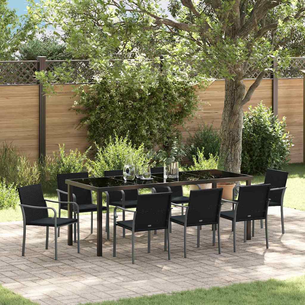 Tuin eettafelset 9 pcs Zwart en Grijs PE Rattan is nu te koop bij PeponiXL, paradijselijk wonen!