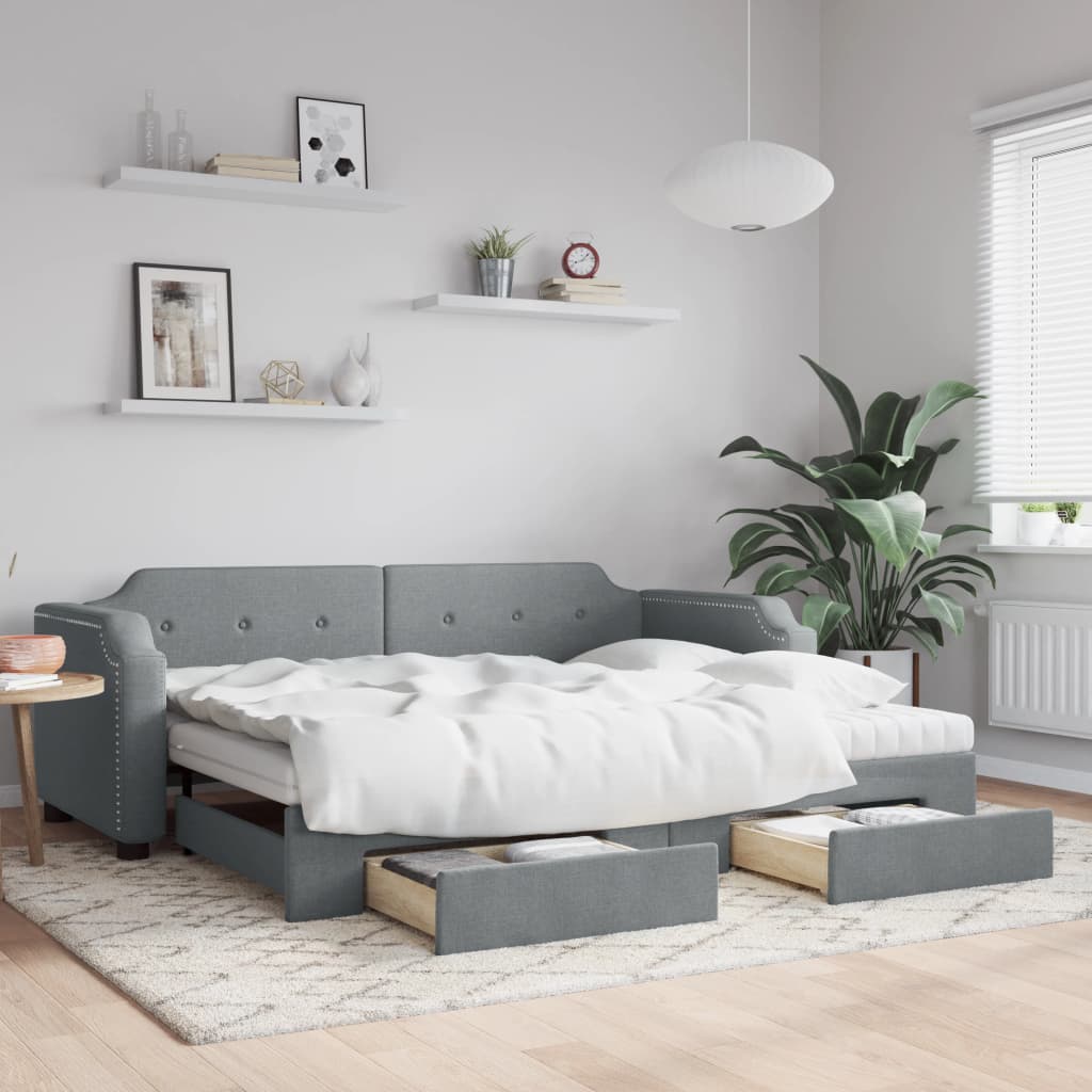 Slaapbank met onderschuifbed en lades 90x190 cm stof lichtgrijs is nu te koop bij PeponiXL, paradijselijk wonen!