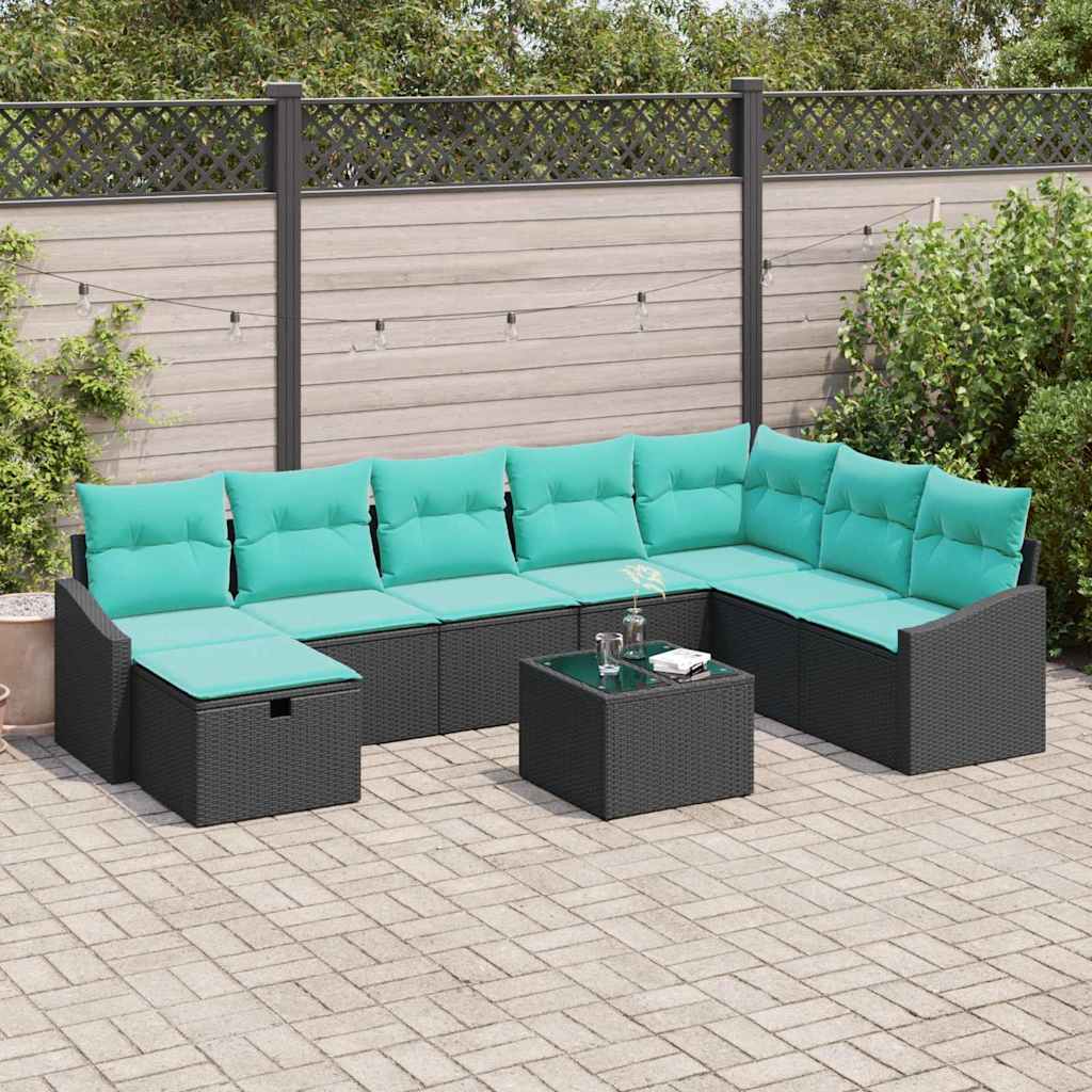 Tuin Sofa Set met kussen 9 pcs Zwart Poly riet is nu te koop bij PeponiXL, paradijselijk wonen!
