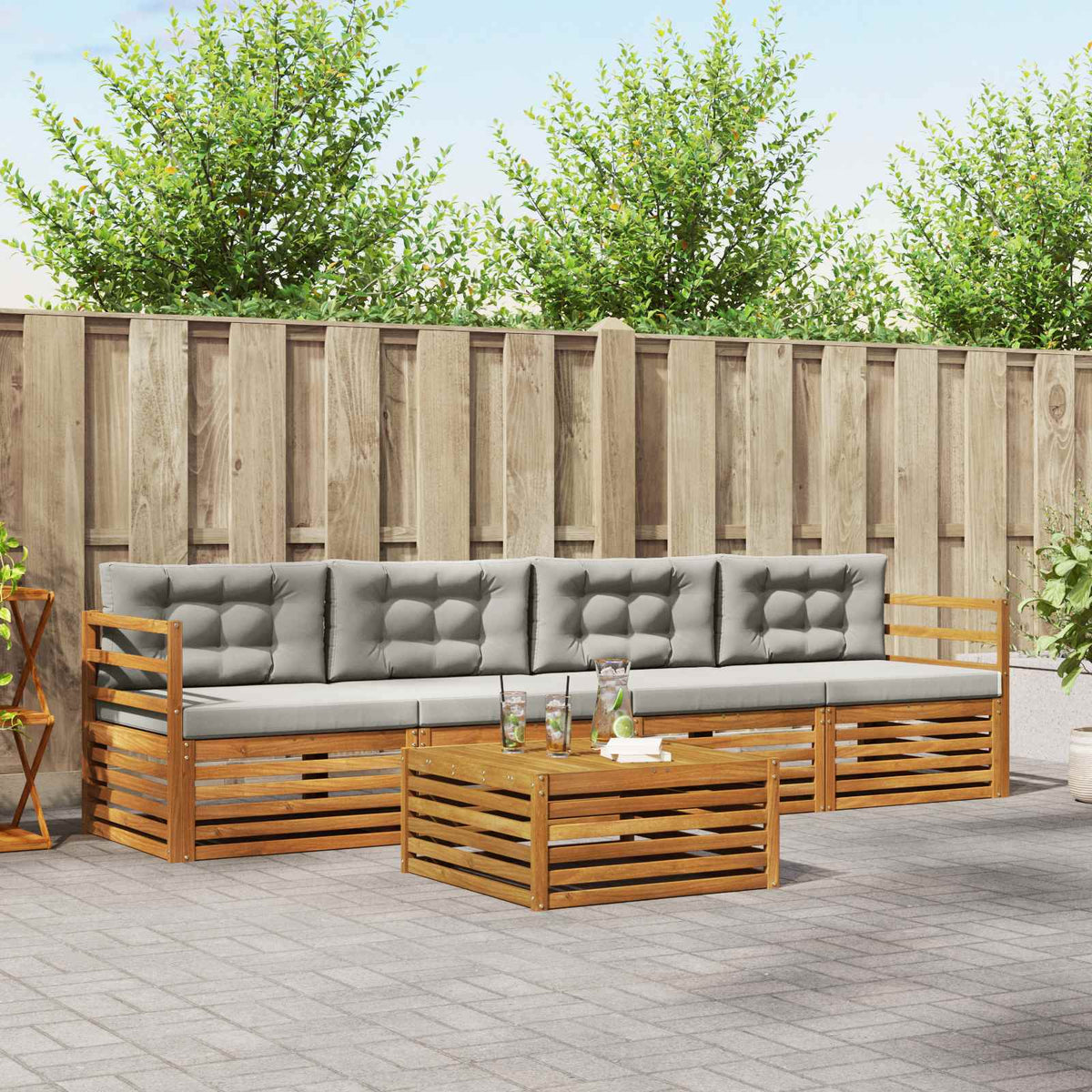Buiten bankenset met kussen 5 pcs Natuurlijk en Lichtgrijs is nu te koop bij PeponiXL, paradijselijk wonen!