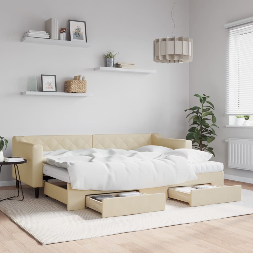 Slaapbank met onderschuifbed en lades 80x200 cm stof crèmekleur is nu te koop bij PeponiXL, paradijselijk wonen!