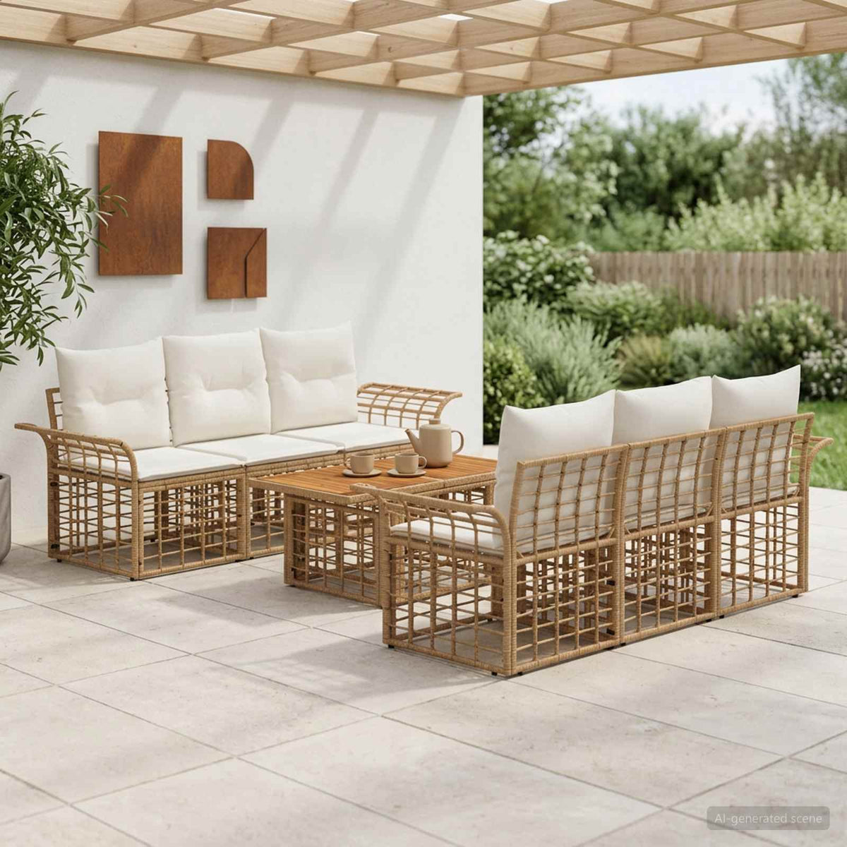 Tuinbankenset 7 st Natuurlijk en Crème Wit poly rattan is nu te koop bij PeponiXL, paradijselijk wonen!