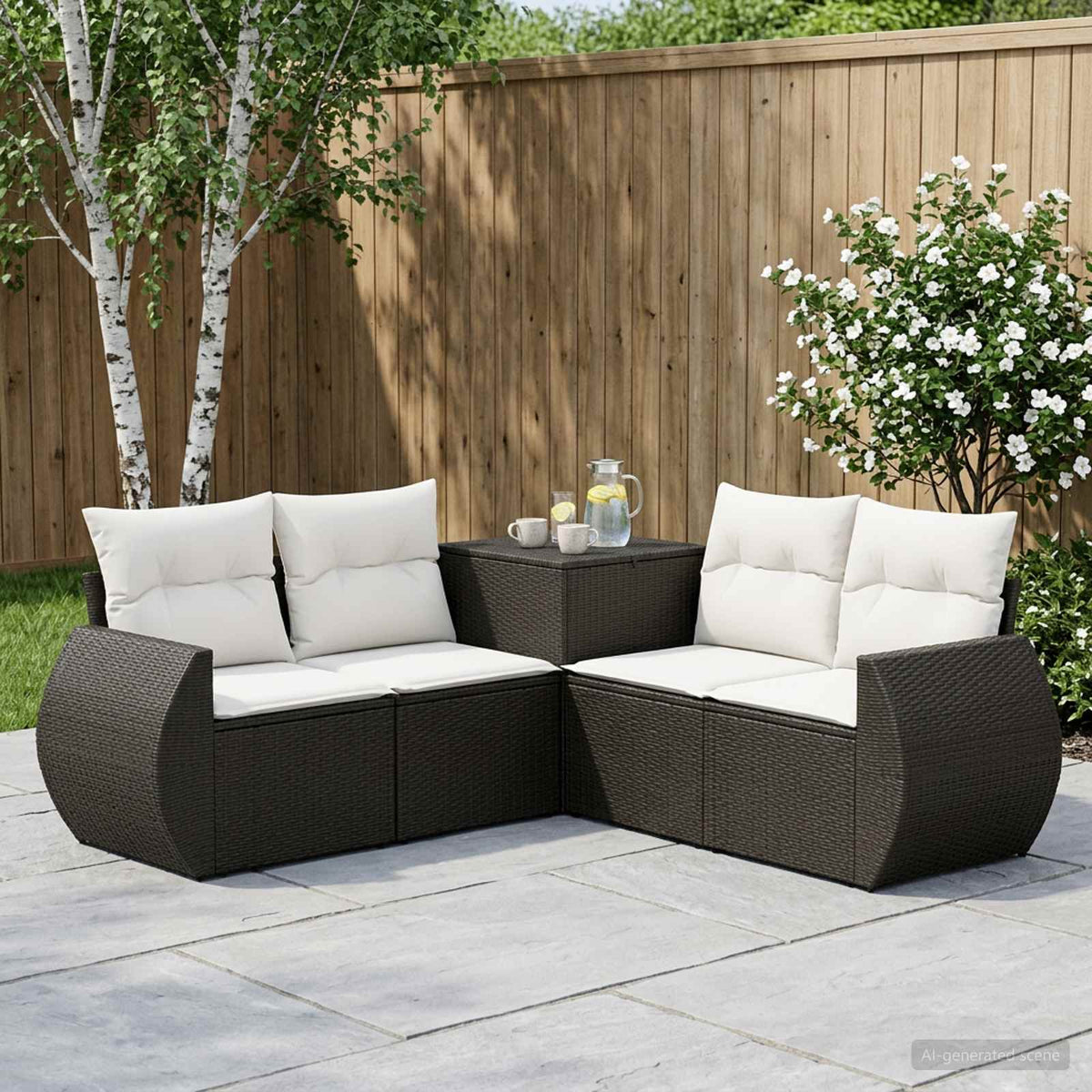 Bankstel 5 st Zwart en Cream Wit Poly Rattan en Staal is nu te koop bij PeponiXL, paradijselijk wonen!