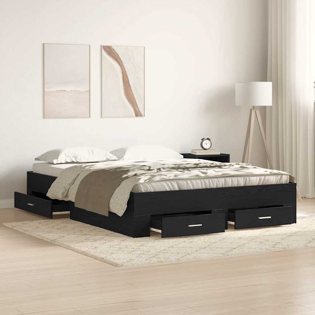 Bedframe met lade Zwart Eiken 140 x 200 cm Bewerkt hout is nu te koop bij PeponiXL, paradijselijk wonen!