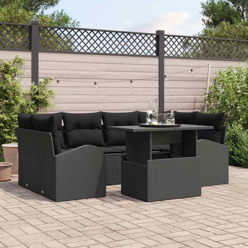 Tuin Sofa Set met kussen 7 pcs Zwart Poly riet is nu te koop bij PeponiXL, paradijselijk wonen!