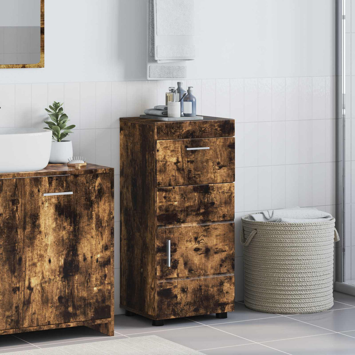 Badkamerkastenset TULUM Gerookt eiken 37 x 31,5 x 82 cm is nu te koop bij PeponiXL, paradijselijk wonen!
