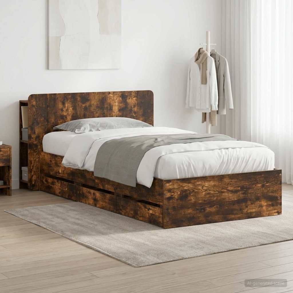 Bedframe met opslag Gerookt eiken 90 x 200 cm Bewerkt hout is nu te koop bij PeponiXL, paradijselijk wonen!