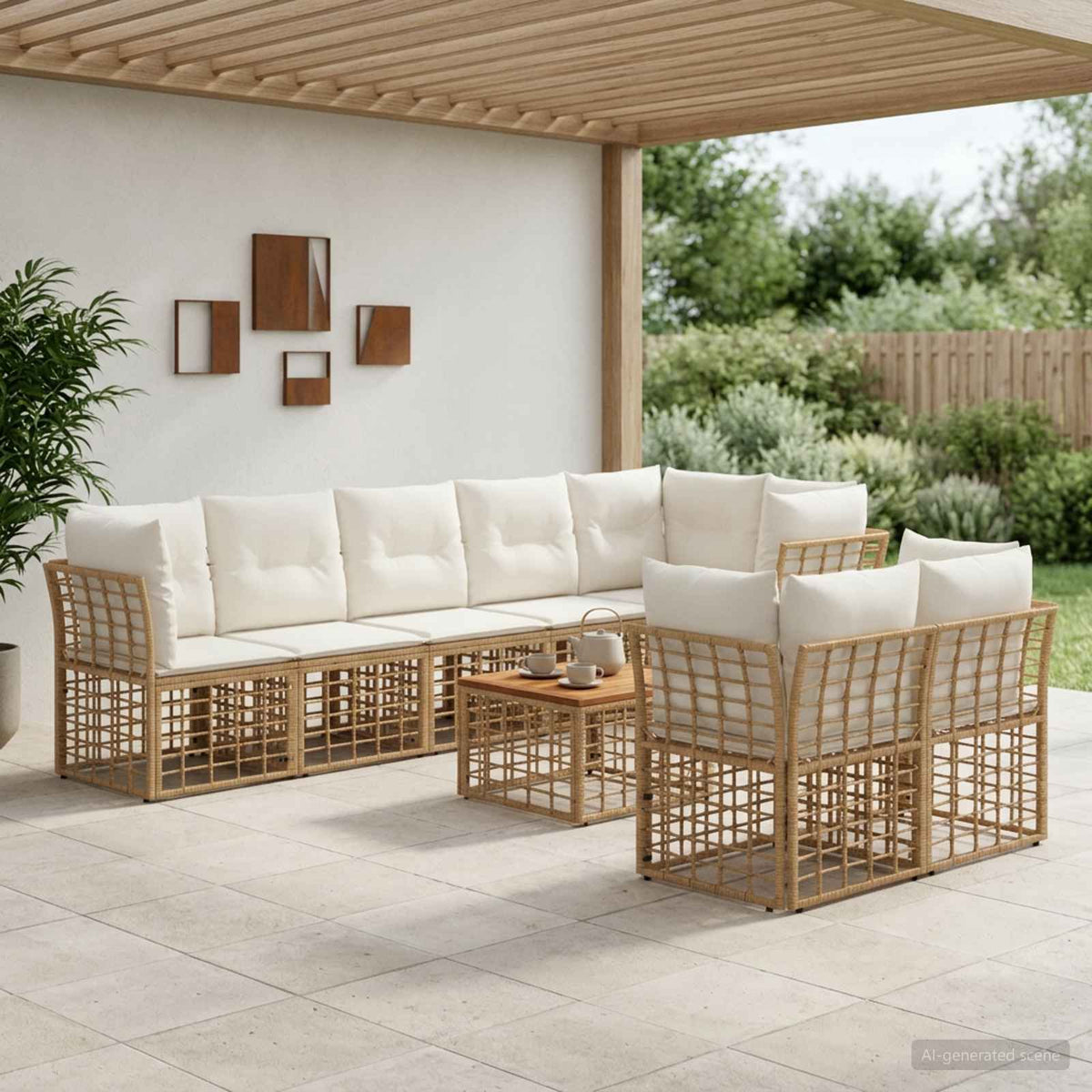 Buiten bankenset 9 pcs Natuurlijk en Crème Wit Polyester is nu te koop bij PeponiXL, paradijselijk wonen!