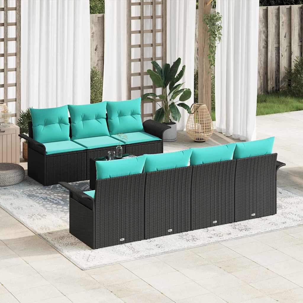 Tuin Sofa Set met kussen 8 pcs Zwart en Turquoise poly rattan is nu te koop bij PeponiXL, paradijselijk wonen!