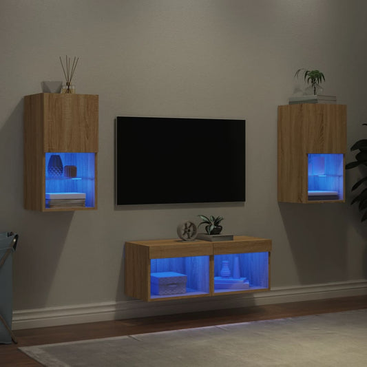4-delige Tv-wandmeubelset met LED-verlichting sonoma eikenkleur is nu te koop bij PeponiXL, paradijselijk wonen!