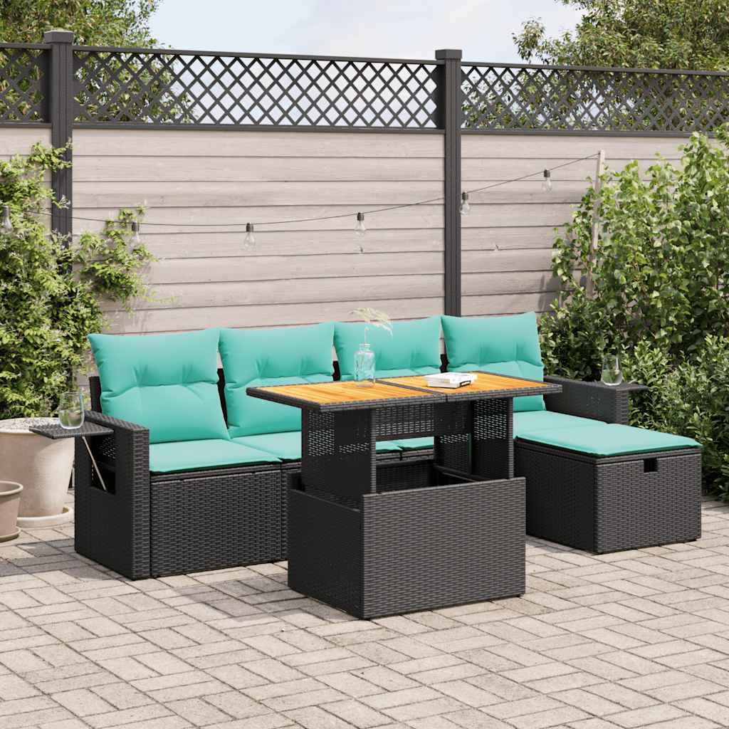 6-delige Loungeset met kussens poly rattan acacia zwart is nu te koop bij PeponiXL, paradijselijk wonen!