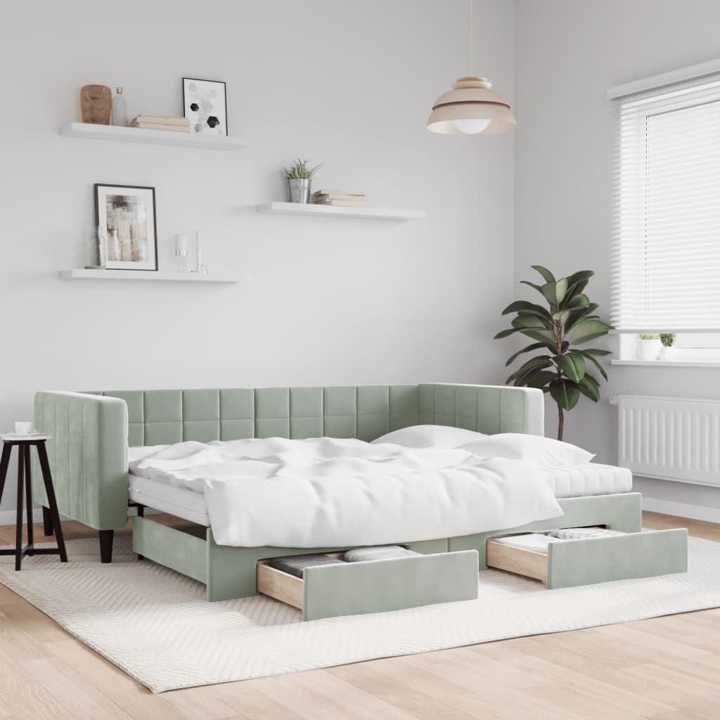 Slaapbank onderschuifbed en lades 90x200 cm fluweel lichtgrijs is nu te koop bij PeponiXL, paradijselijk wonen!