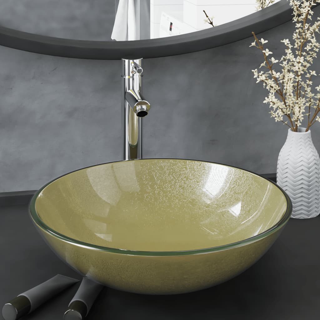Wastafel met kraan en pop-up afvoer gehard glas goudkleurig is nu te koop bij PeponiXL, paradijselijk wonen!