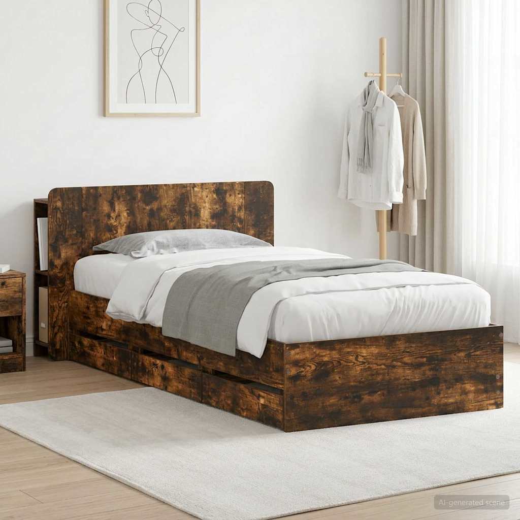 Bedframe met opslag Gerookt eiken 80 x 200 cm Bewerkt hout is nu te koop bij PeponiXL, paradijselijk wonen!