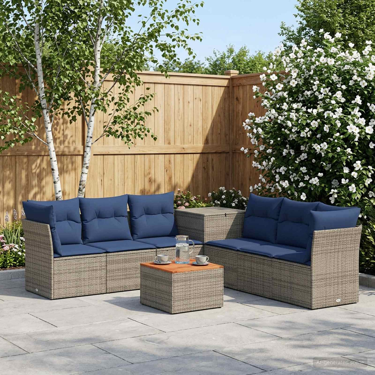 Bankstel 8 st Grijs en Marineblauw Poly Rattan en Staal is nu te koop bij PeponiXL, paradijselijk wonen!