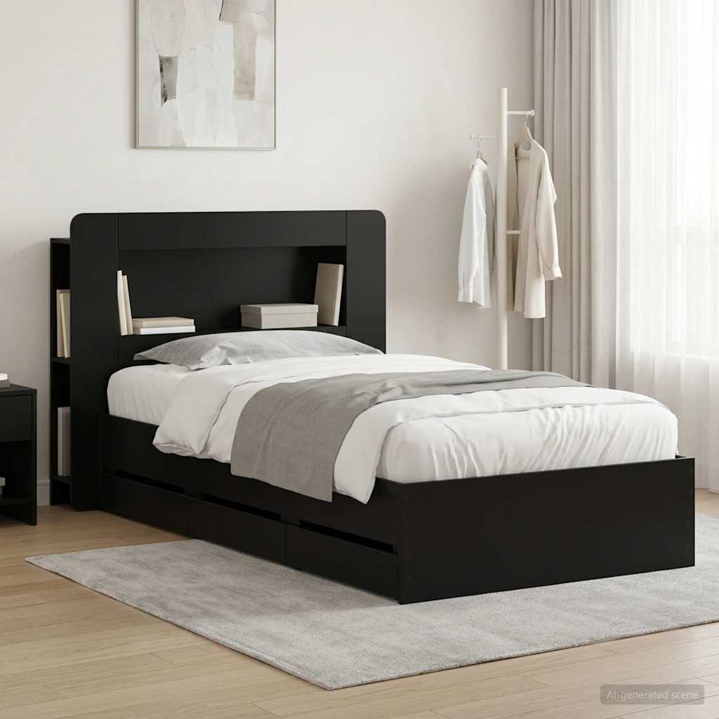 Bedframe met opslag Zwart 75 x 190 cm Bewerkt hout is nu te koop bij PeponiXL, paradijselijk wonen!