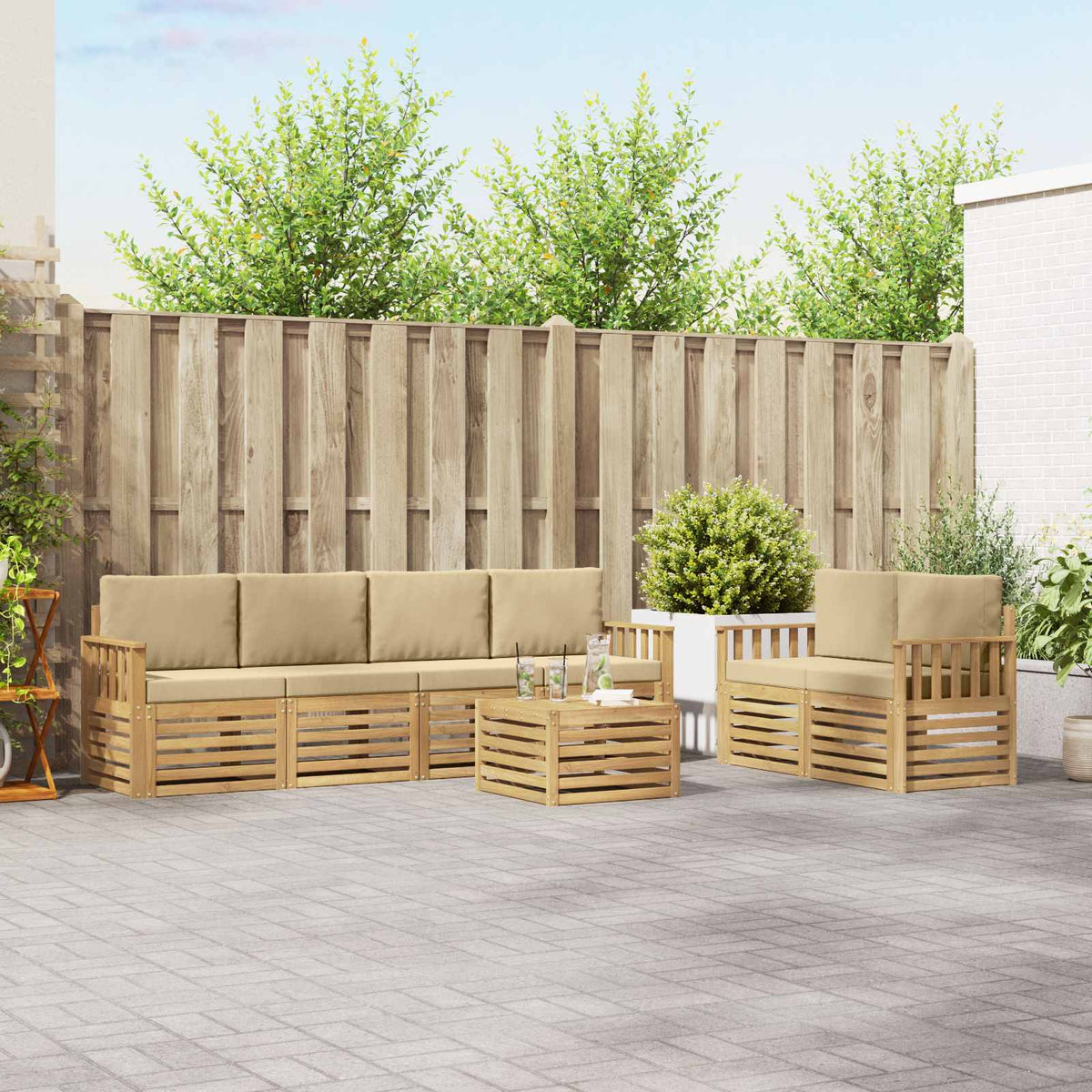 Buiten bankenset met kussen 7 pcs Wit en Beige Polyester is nu te koop bij PeponiXL, paradijselijk wonen!